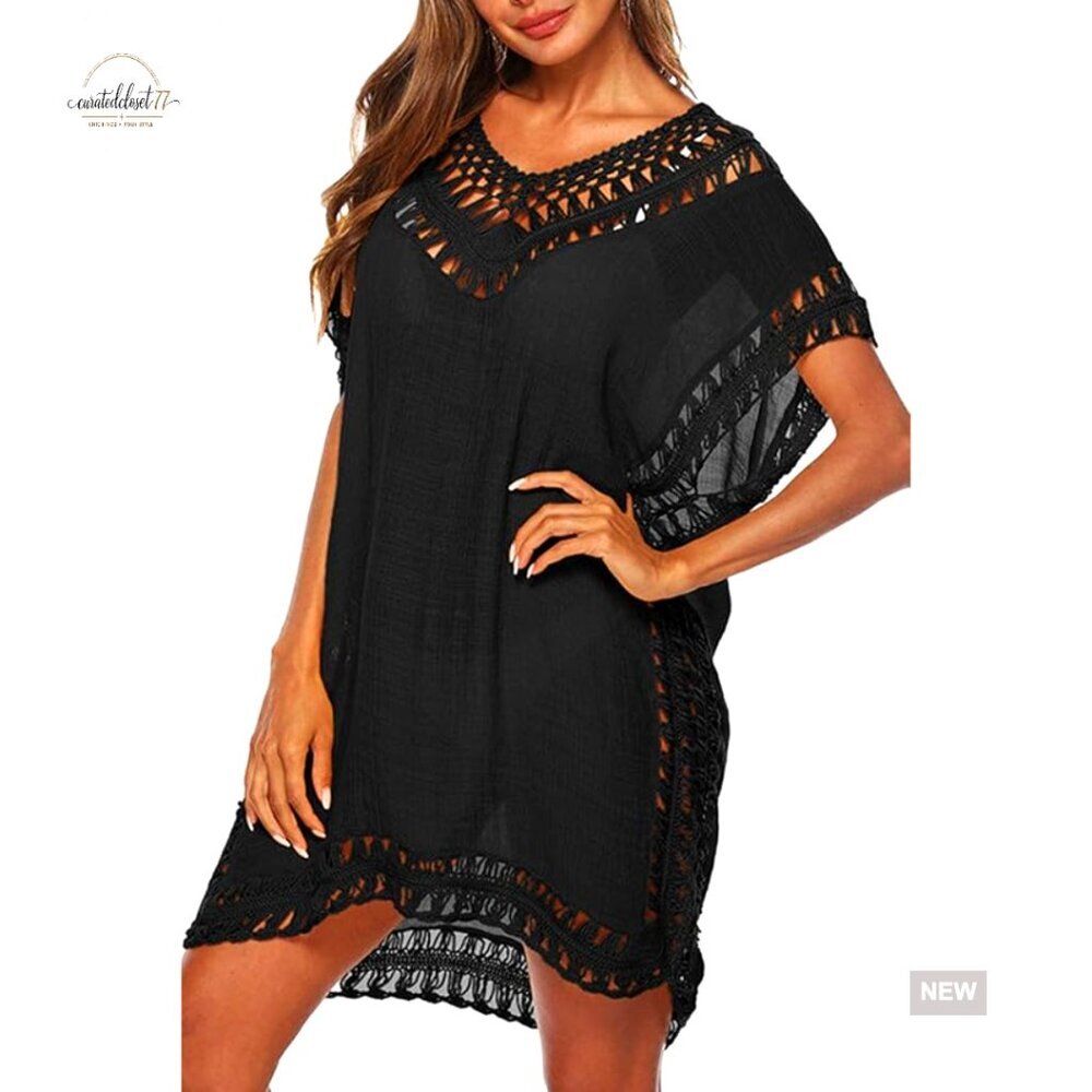 Loose Fit Crochet Chiffon Beach Cover Up Dress for Women